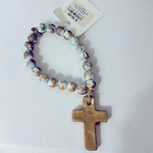 NWT The Sercy Studio Bitty Blue Cross, Blue/White/Gold Accent Beads 7.5”